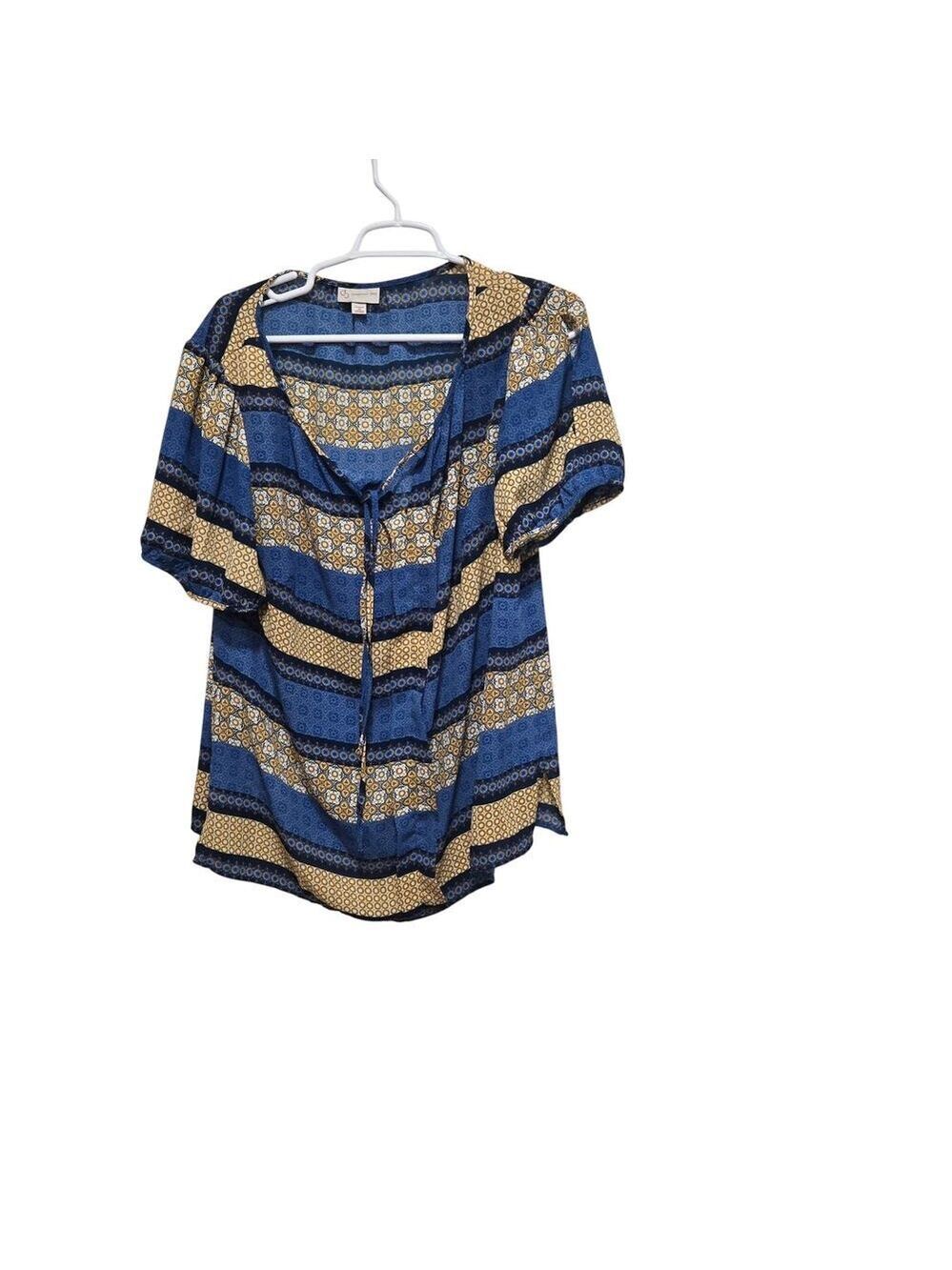 DressBarn 1X Boho Mixed Print Tie Neck Blouse Blue Yellow